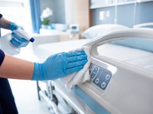 Medewerker desinfecteert een bedhek en bedieningspaneel in een patiëntenkamer.