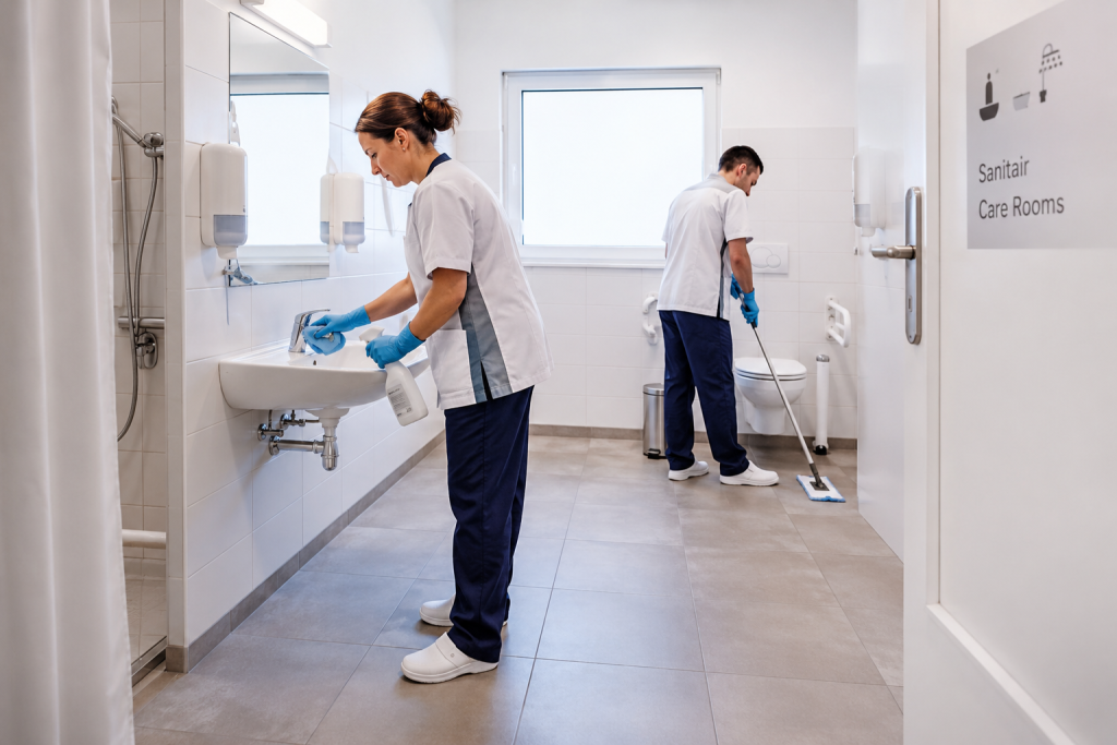 Schoonmaakteam reinigt sanitair in een zorginstelling volgens hygiënische protocollen.