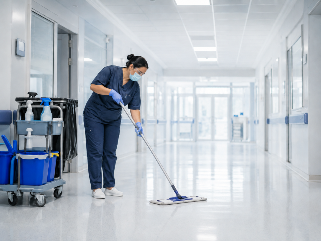 Schoonmaakmedewerker reinigt de vloer van een ziekenhuisgang voor een hygiënische zorgomgeving.