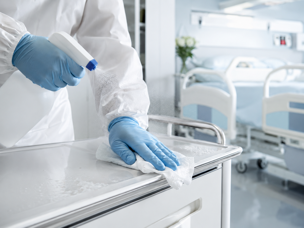 Schoonmaker in beschermpak desinfecteert een oppervlak in een ziekenhuiskamer.