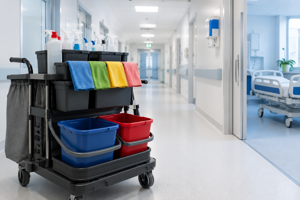 Schoonmaakkar met gekleurde microvezeldoeken volgens het kleurcodesysteem in een ziekenhuisgang.