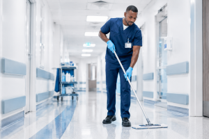 Schoonmaker in blauwe werkkledij dweilt de vloer van een ziekenhuisgang.