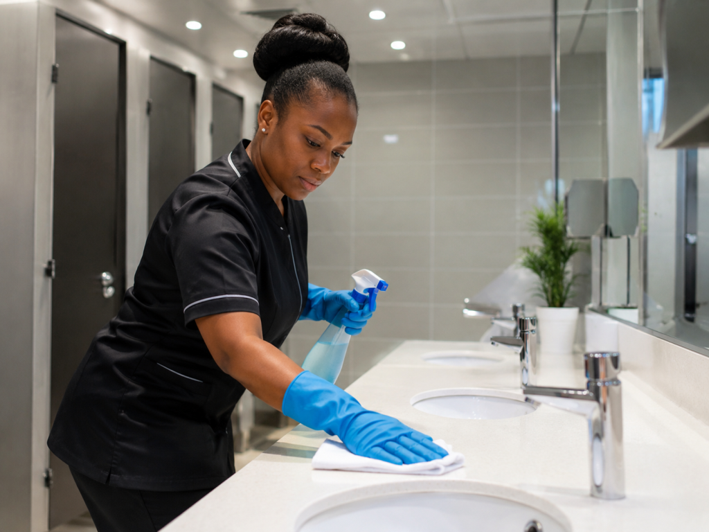 Schoonmaakster reinigt de wastafel in een kantoortoilet om geurhinder bij de bron aan te pakken.