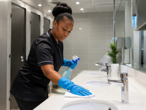Schoonmaakster reinigt de wastafel in een kantoortoilet om geurhinder bij de bron aan te pakken.